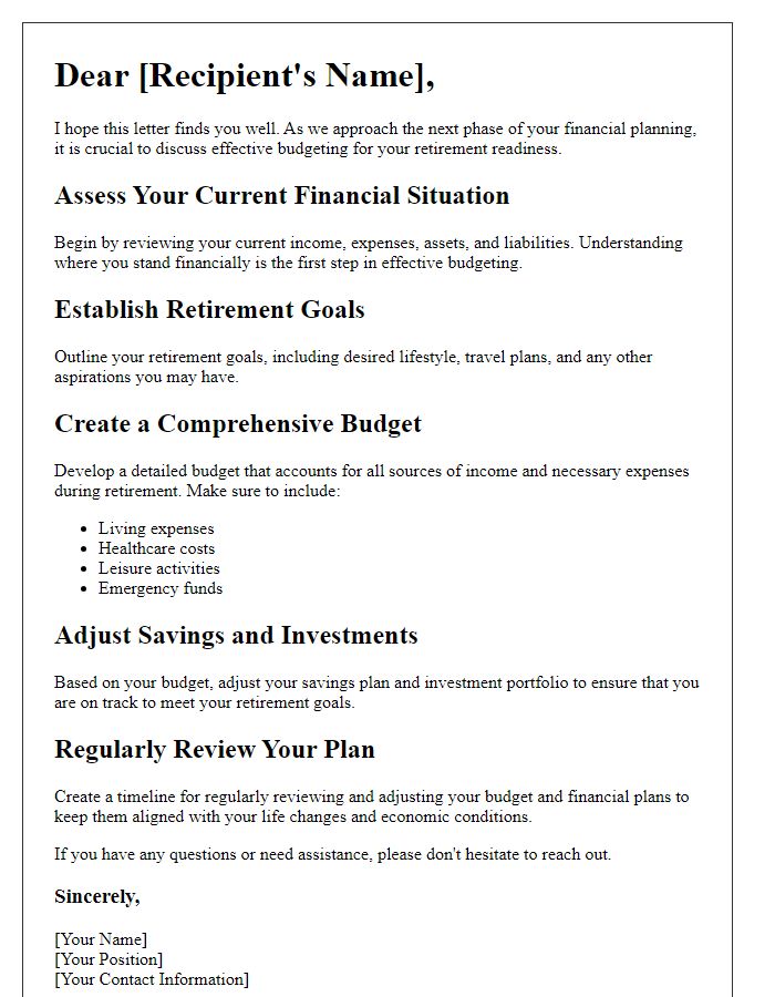 Letter template of effective budgeting for retirement readiness