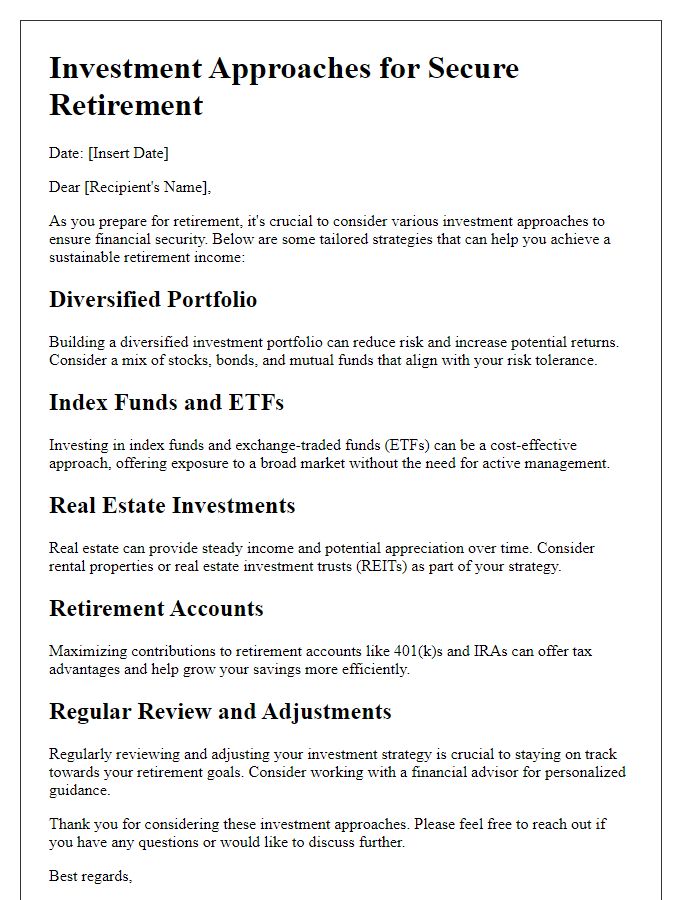 Letter template of investment approaches for secure retirement