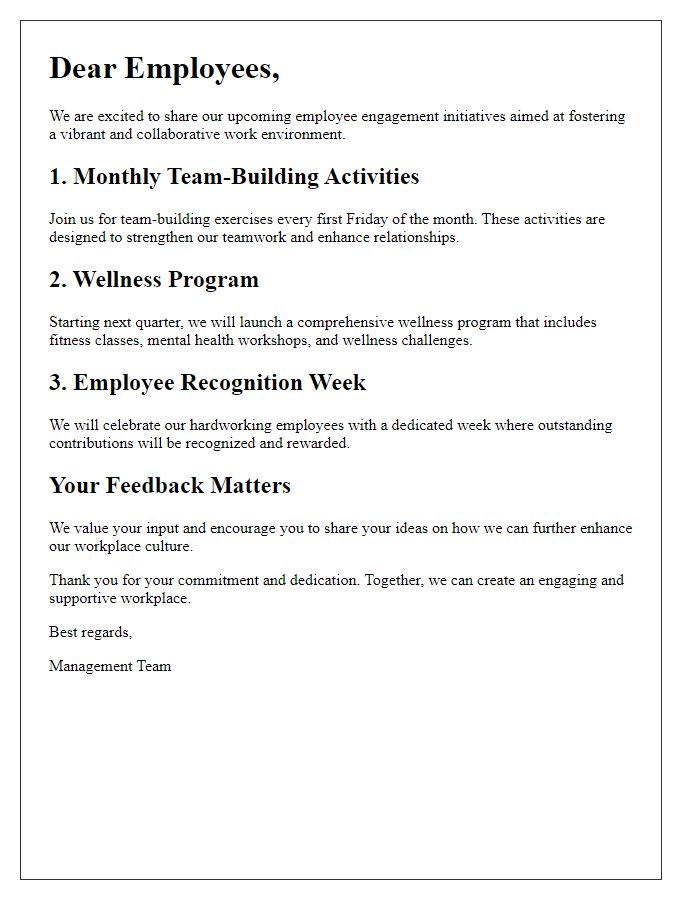 Letter template of employee engagement initiatives from management