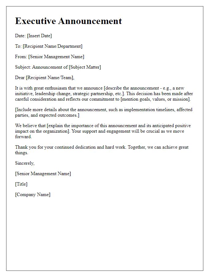 Letter template of executive announcement from senior management