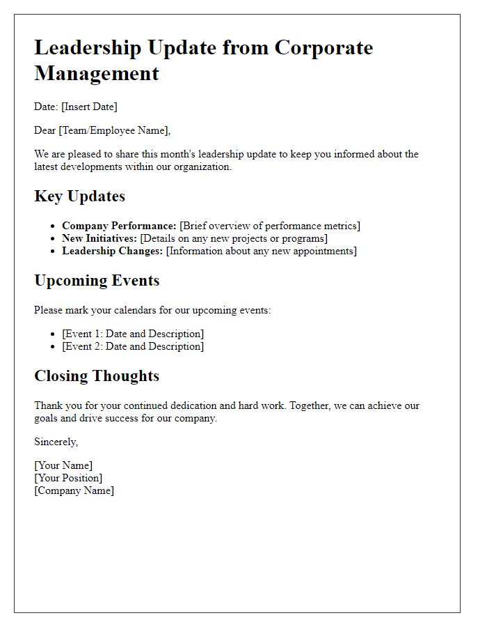 Letter template of leadership update from corporate management