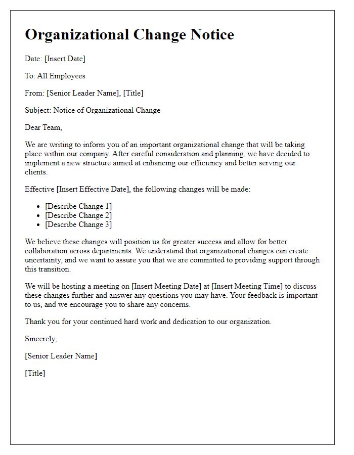 Letter template of organizational change notice from senior leaders