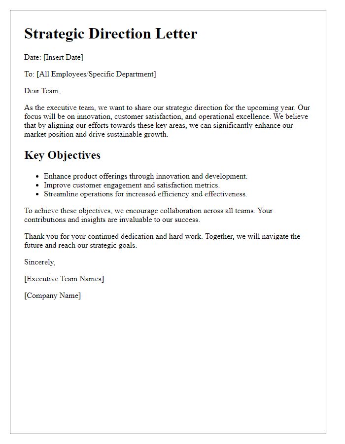 Letter template of strategic direction from the executive team