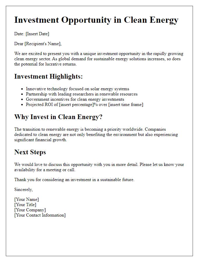 Letter template of clean energy investment opportunities