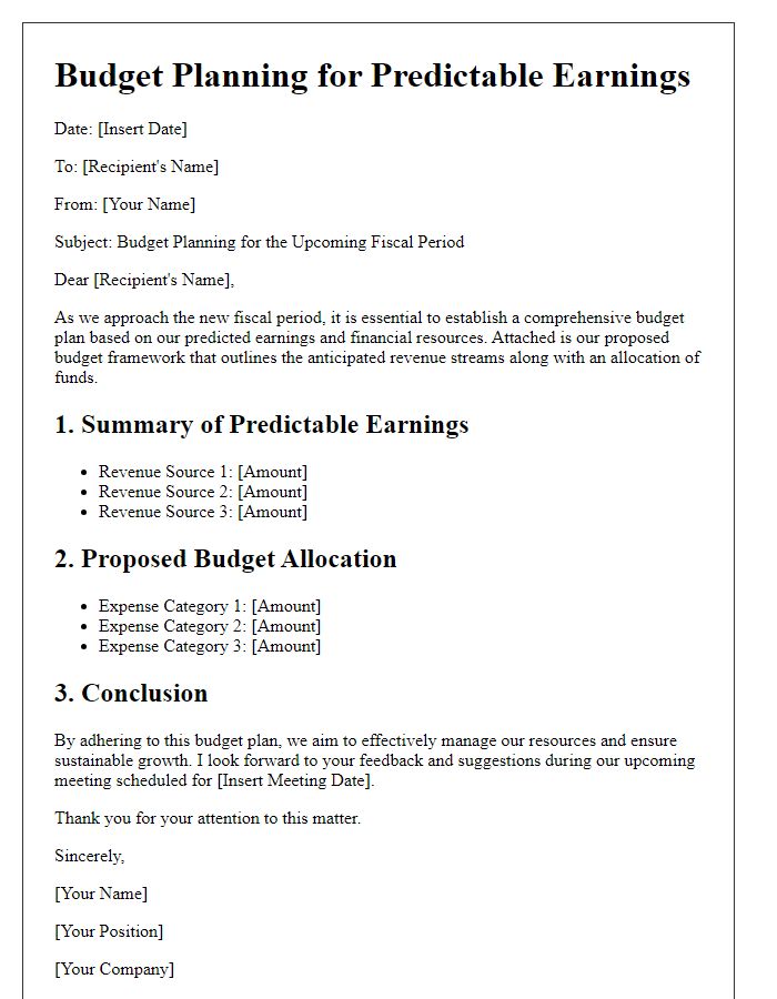 Letter template of budget planning for predictable earnings