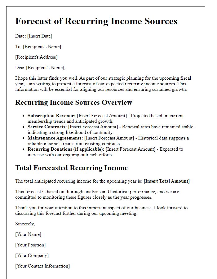 Letter template of forecasting recurring income sources