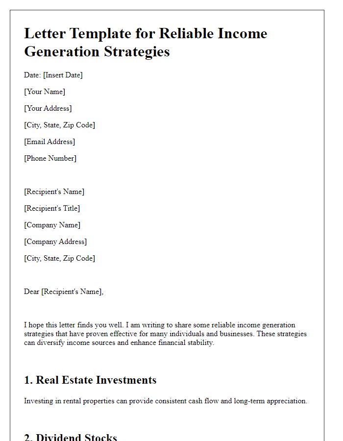 Letter template of reliable income generation strategies