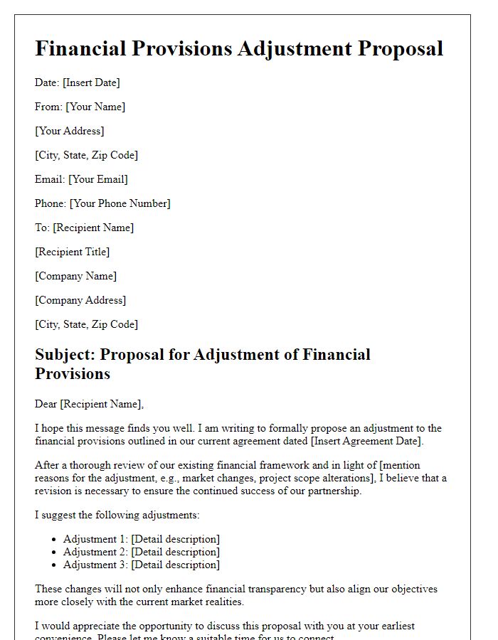 Letter template of financial provisions adjustment proposal