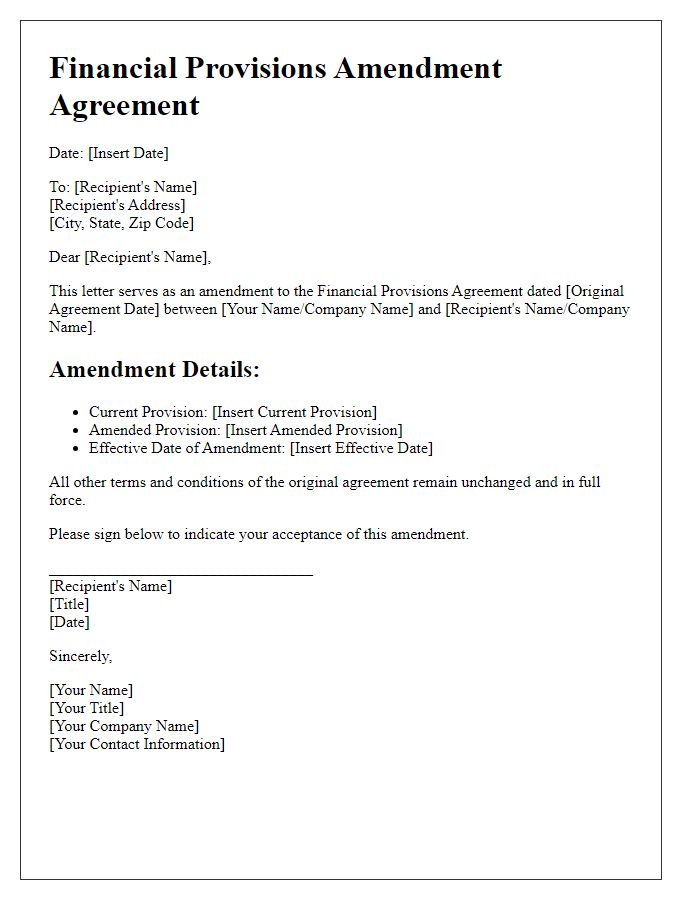 Letter template of financial provisions amendment agreement