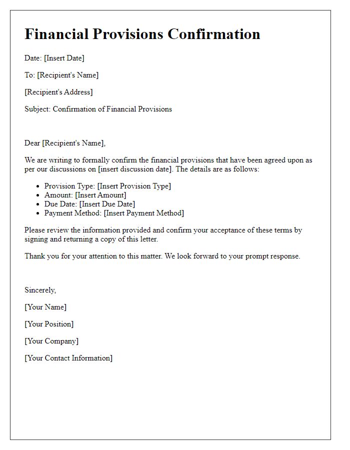 Letter template of financial provisions confirmation