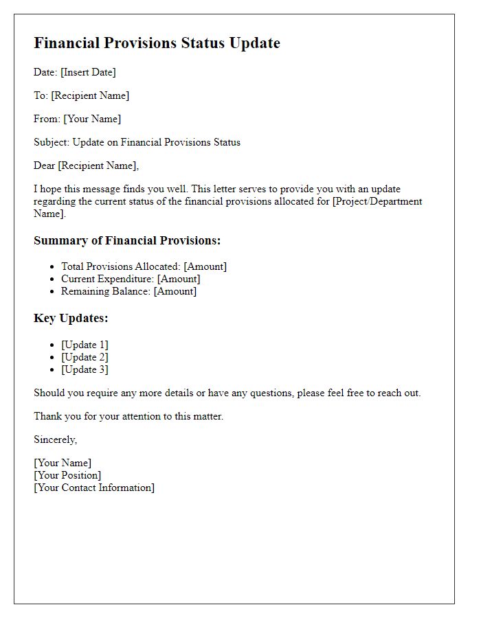 Letter template of financial provisions status update