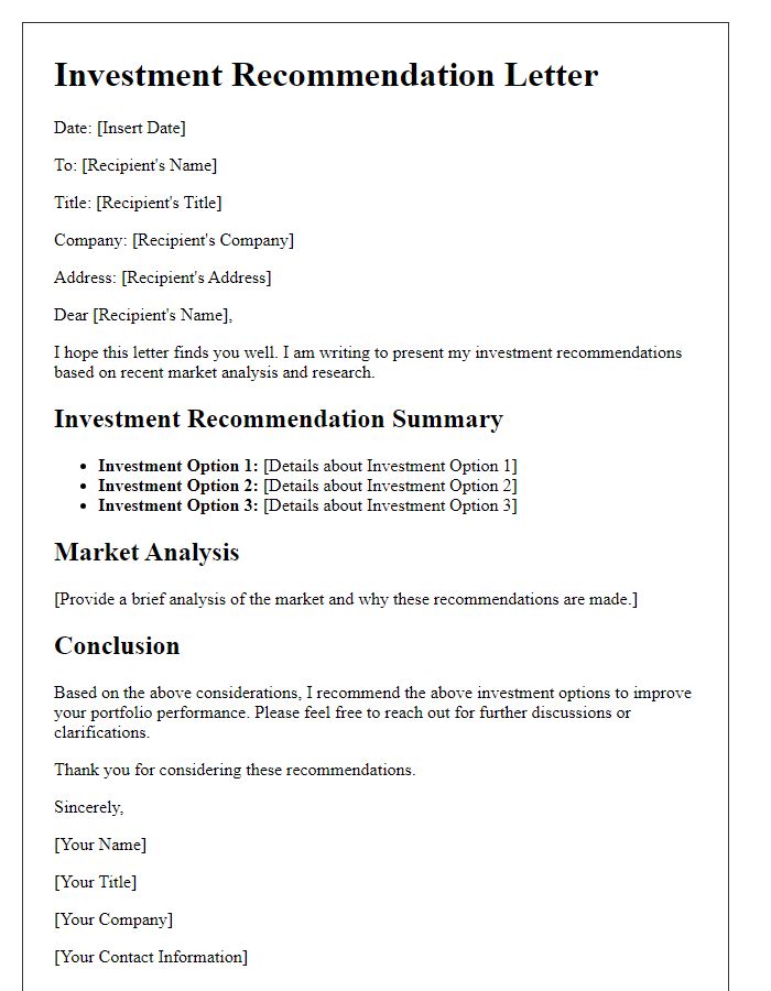 Letter template of investment recommendations