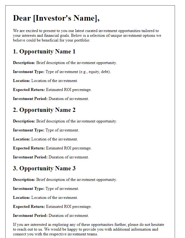 Letter template of curated investment opportunities.