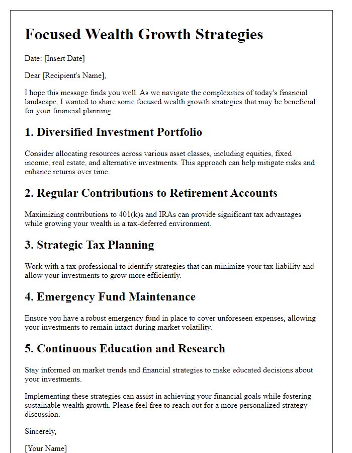 Letter template of focused wealth growth strategies.