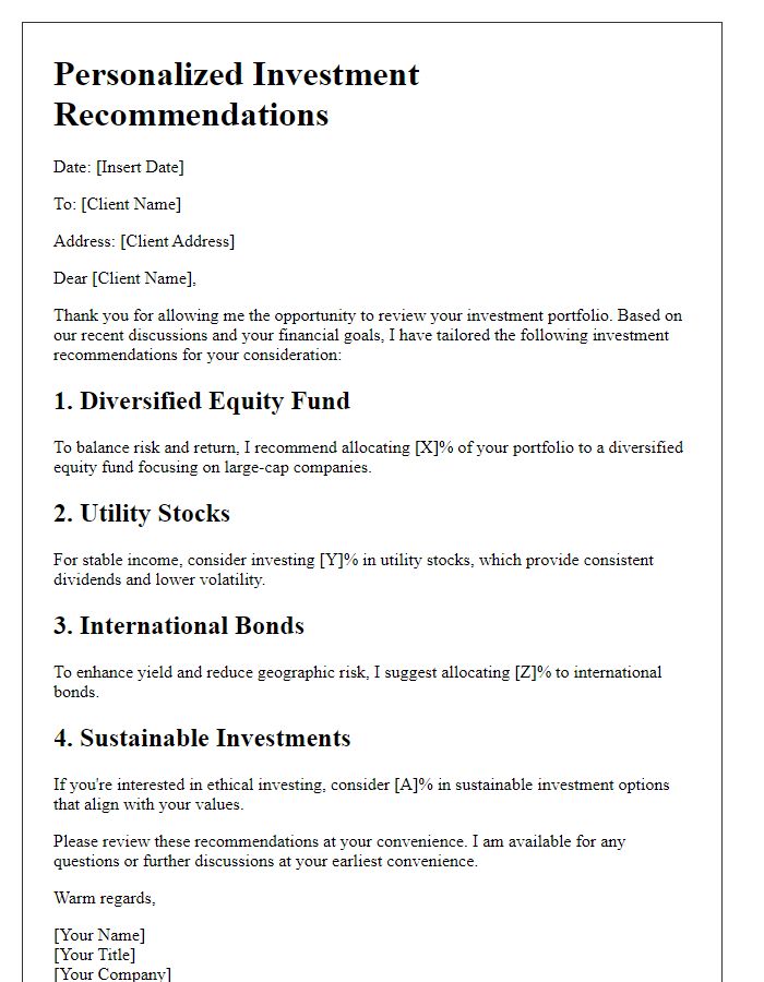 Letter template of personalized investment recommendations.