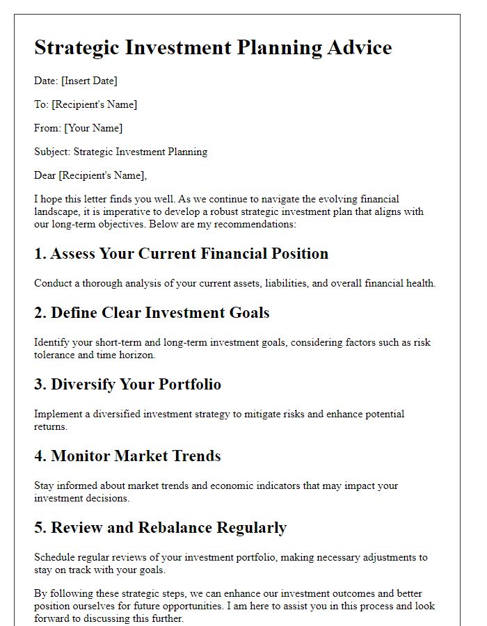 Letter template of strategic investment planning advice.