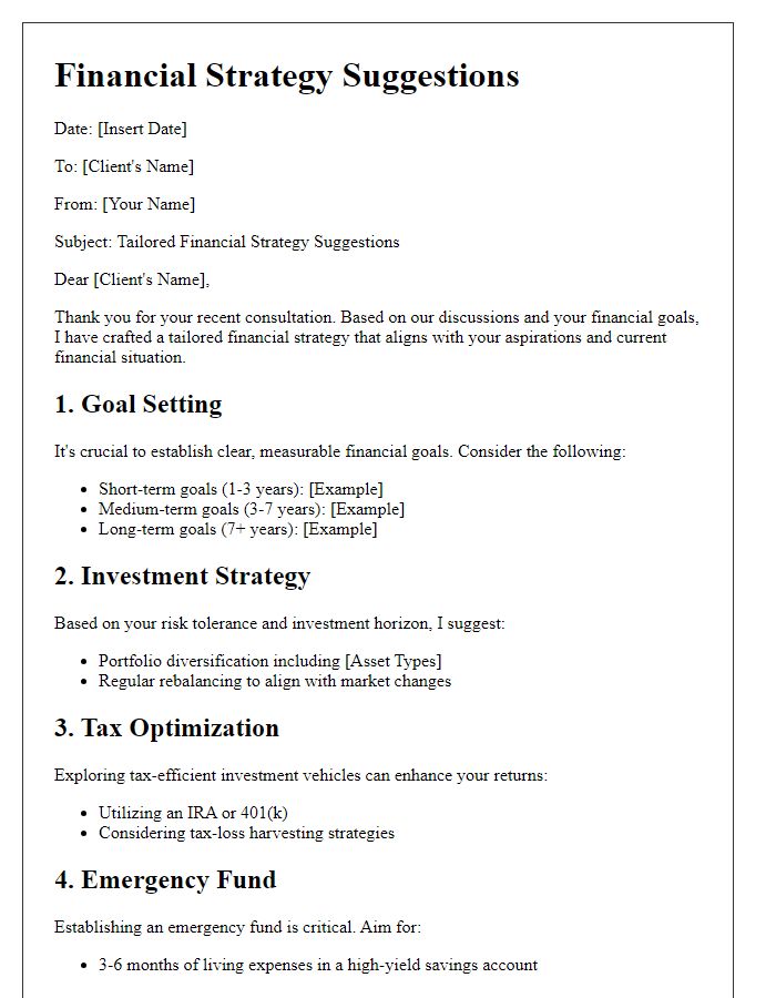 Letter template of tailored financial strategy suggestions.