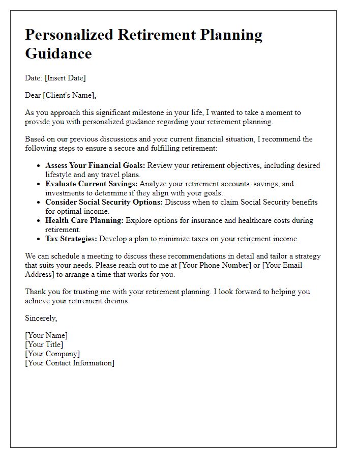 Letter template of personalized retirement planning guidance.