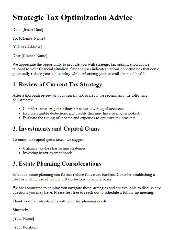 Letter template of strategic tax optimization advice.