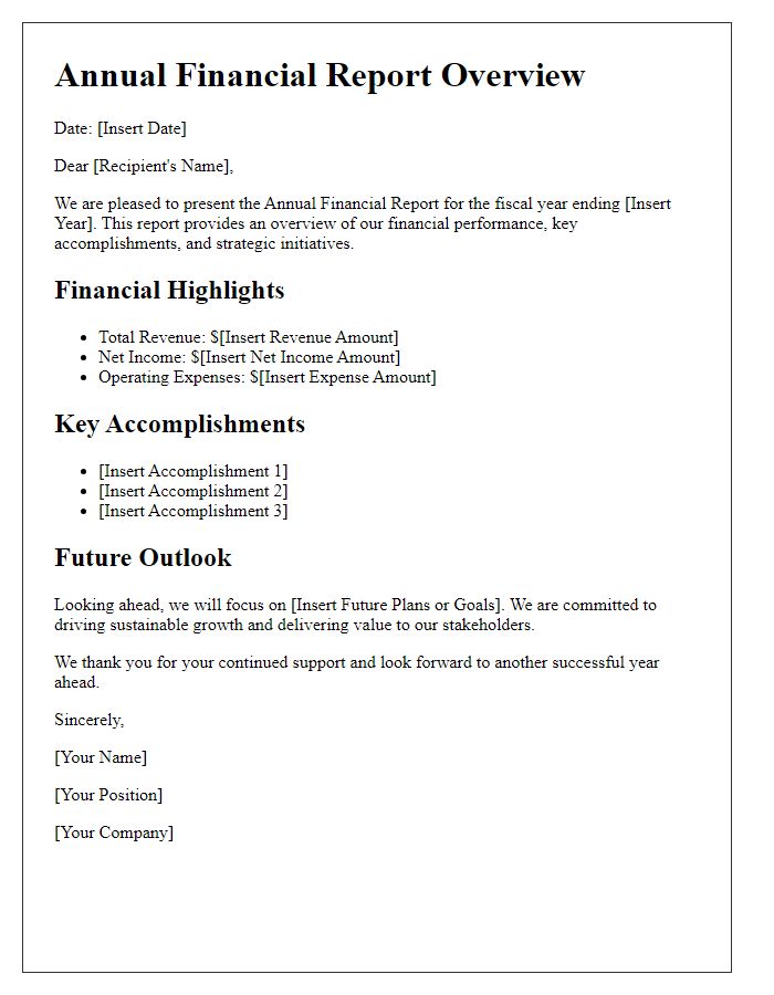 Letter template of annual financial report overview