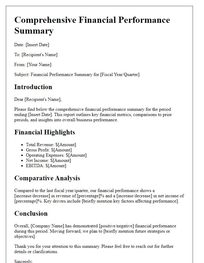 Letter template of comprehensive financial performance summary