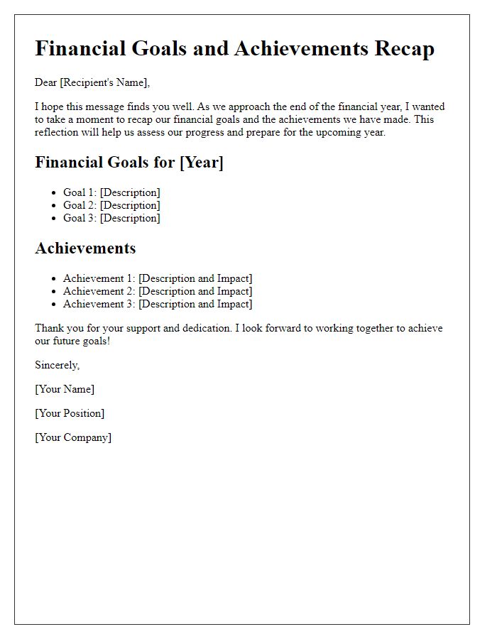 Letter template of financial goals and achievements recap