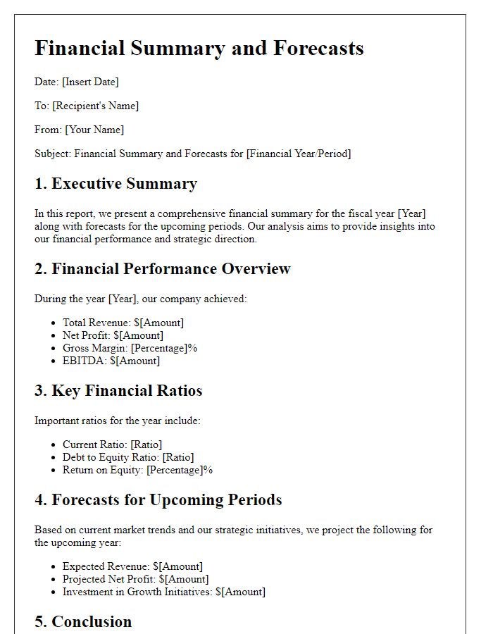 Letter template of financial summary and forecasts