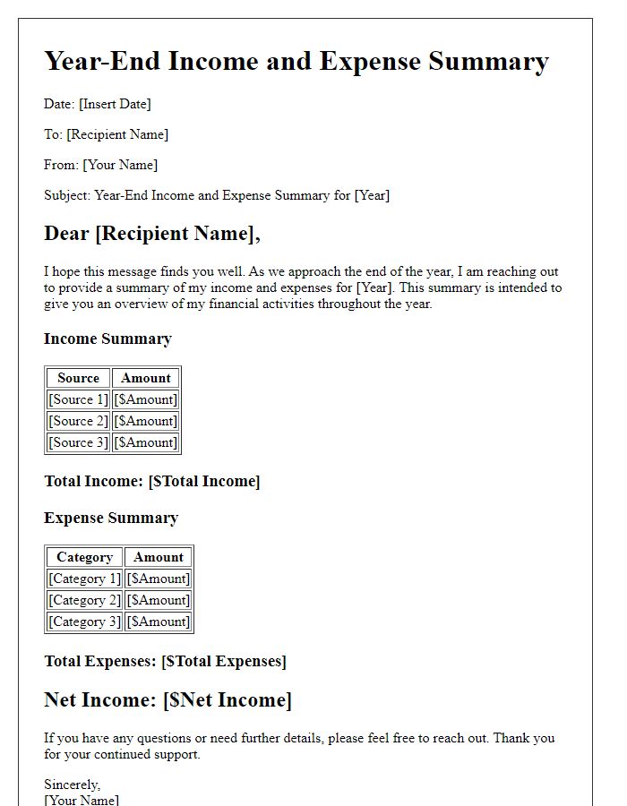 Letter template of year-end income and expense summary