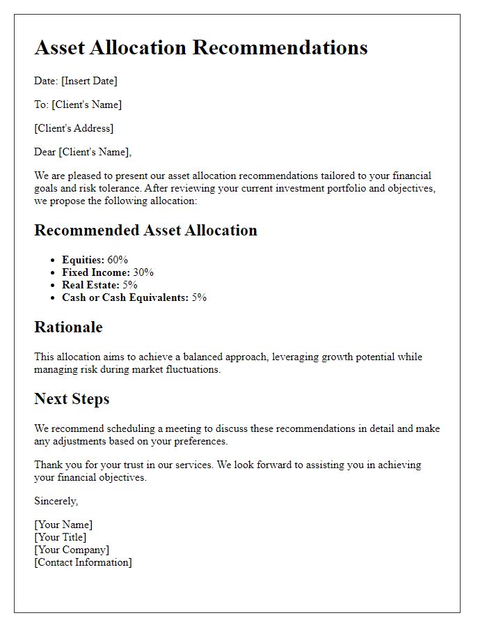 Letter template of asset allocation recommendations