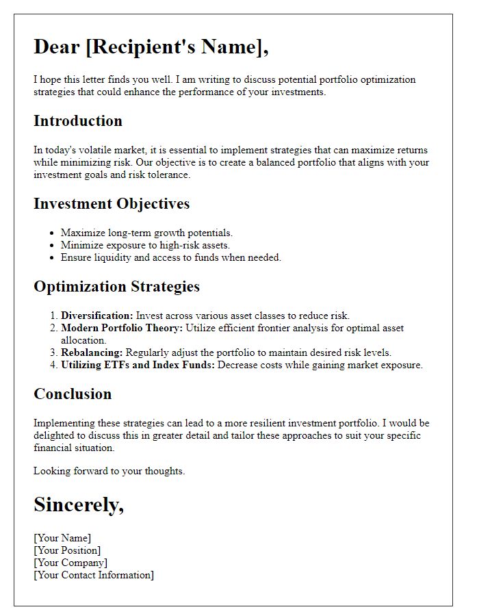 Letter template of portfolio optimization strategies