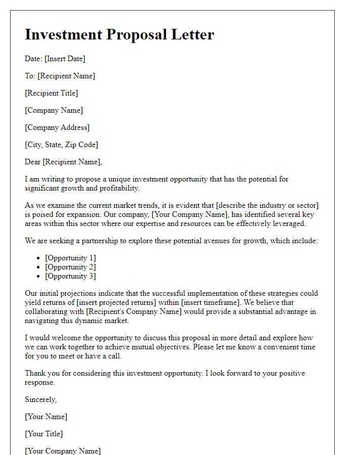 Letter template of proposed investment opportunities for growth