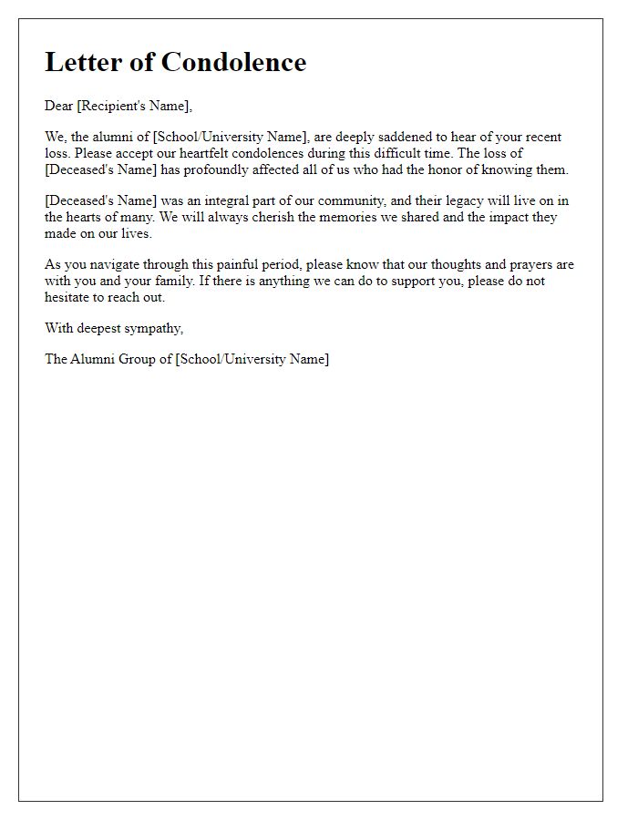 Letter template of heartfelt condolences from alumni group for a recent bereavement.