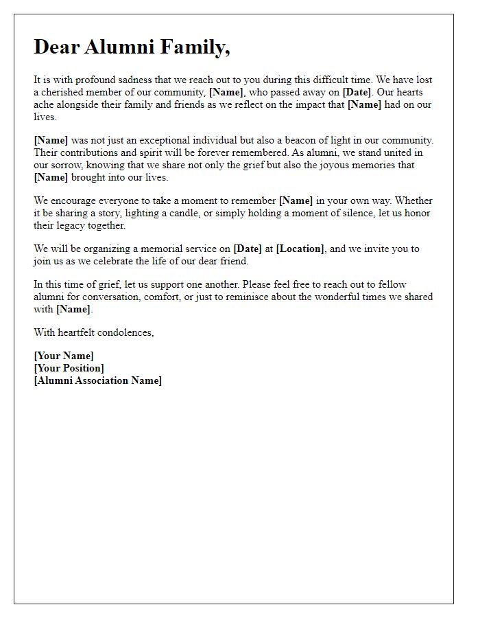 Letter template of shared sorrow from alumni association in response to loss.