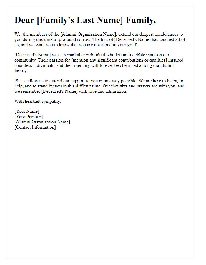 Letter template of support and sympathy from alumni organization to grieving family.