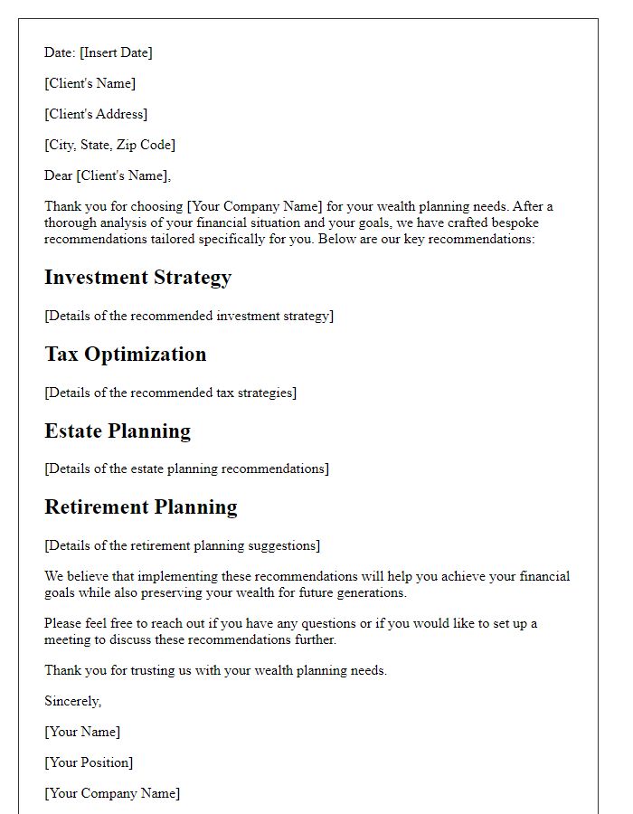 Letter template of bespoke wealth planning recommendations