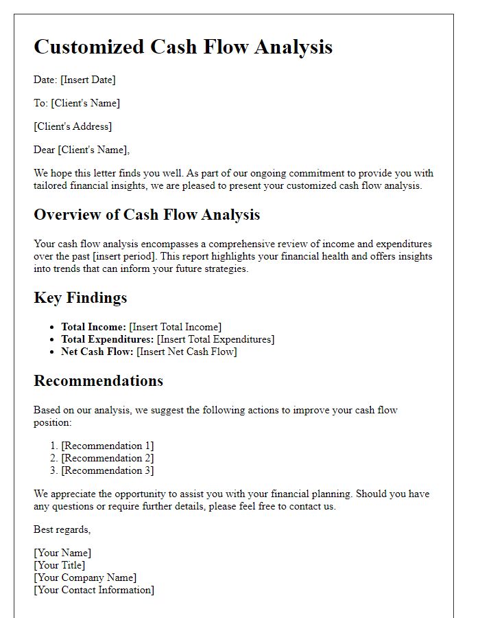 Letter template of customized cash flow analysis