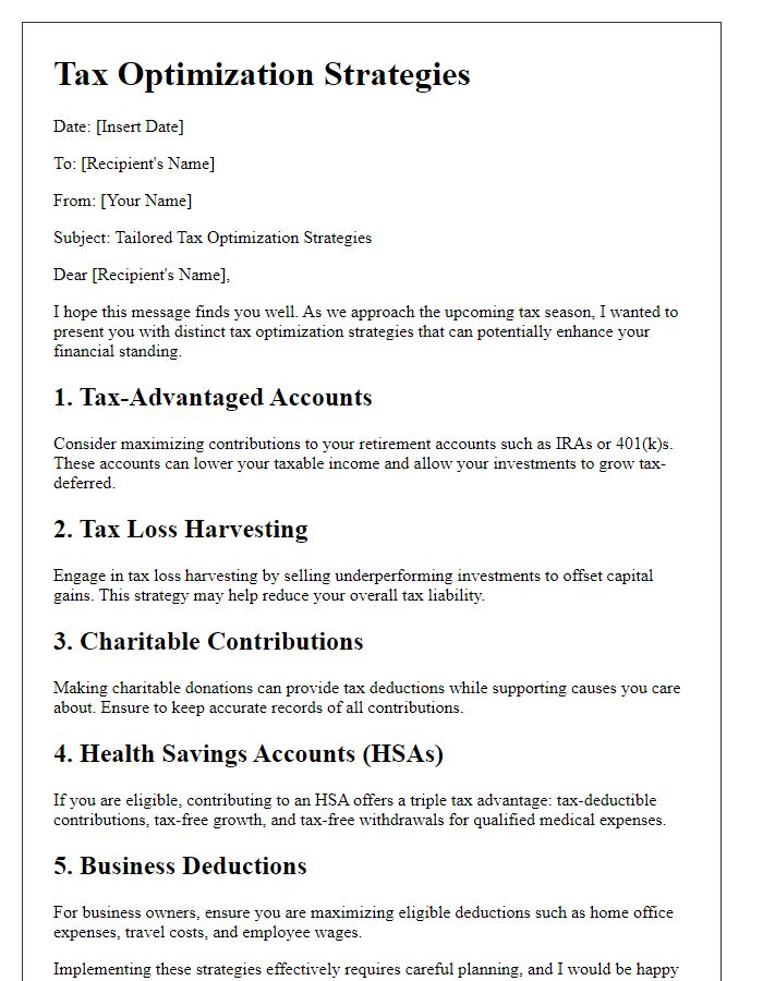 Letter template of distinct tax optimization strategies