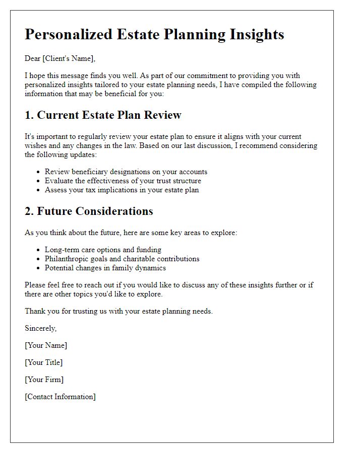 Letter template of personalized estate planning insights