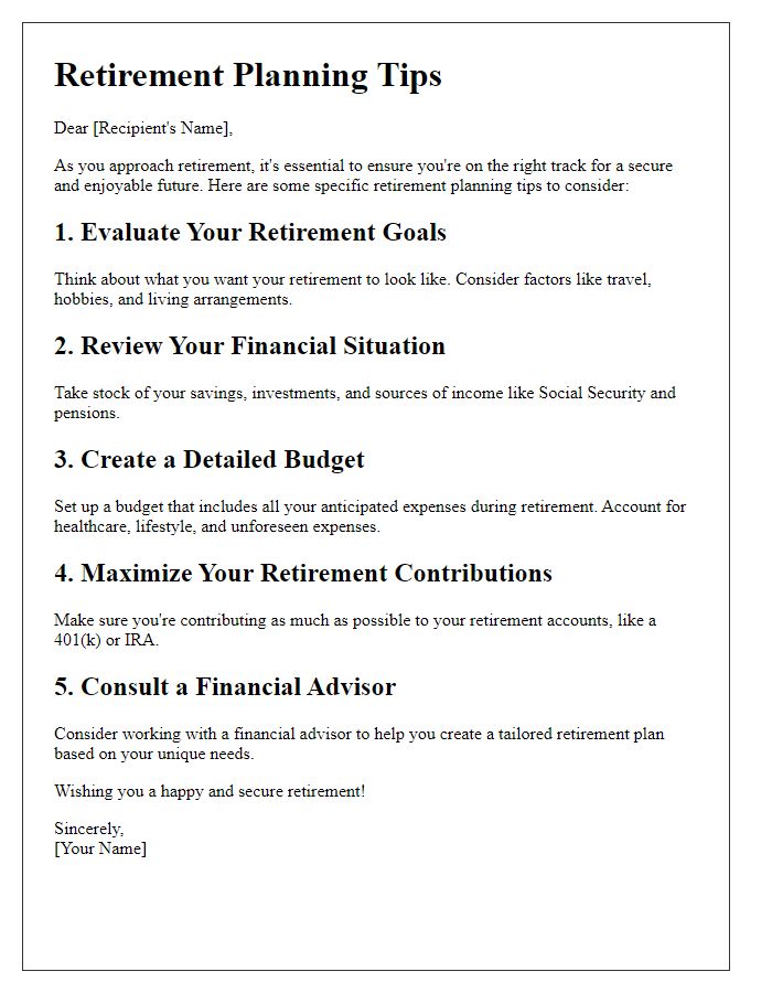 Letter template of specific retirement planning tips