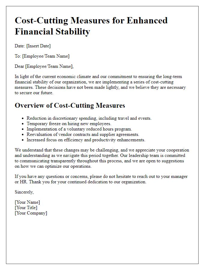 Letter template of cost-cutting measures for enhanced financial stability