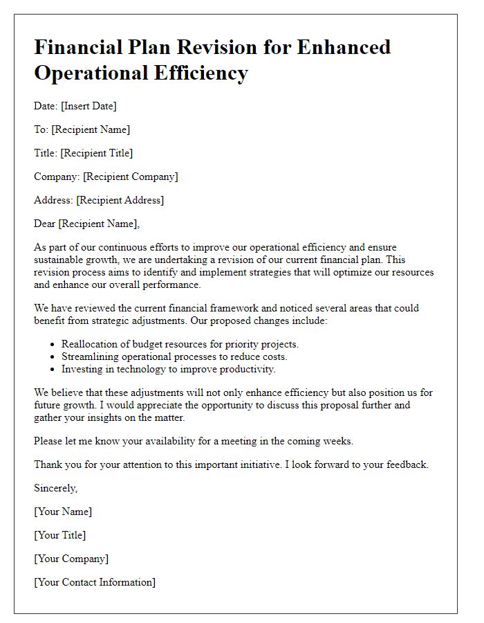 Letter template of financial plan revision for operational efficiency