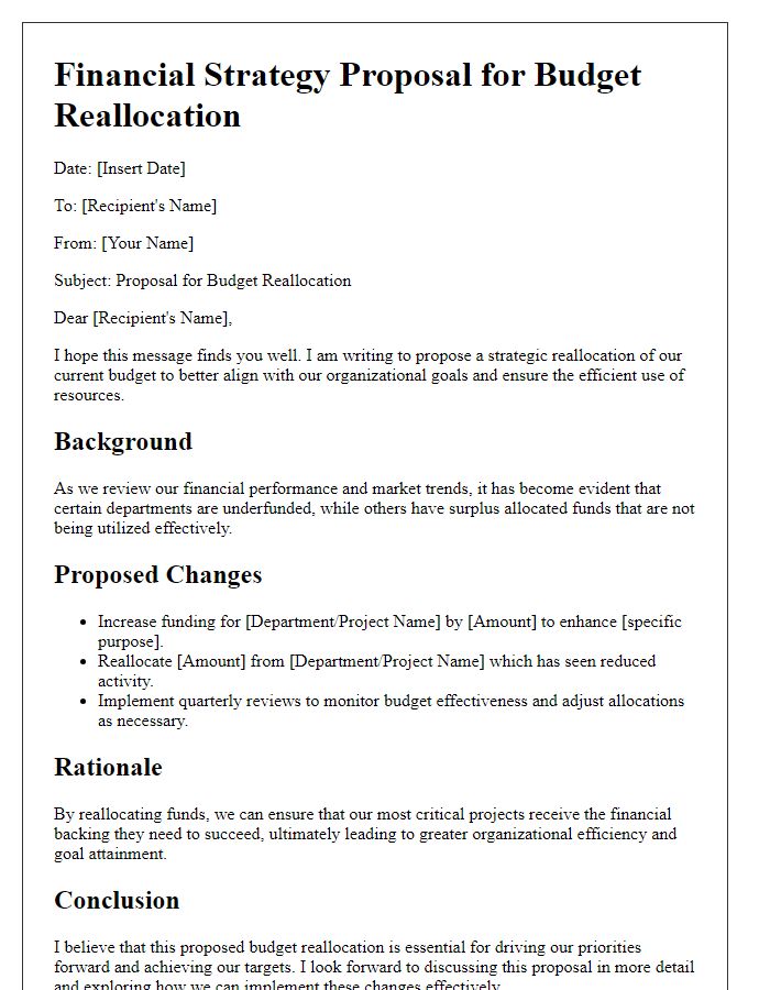 Letter template of financial strategy proposal for budget reallocation