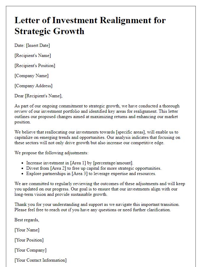 Letter template of investment realignment for strategic growth