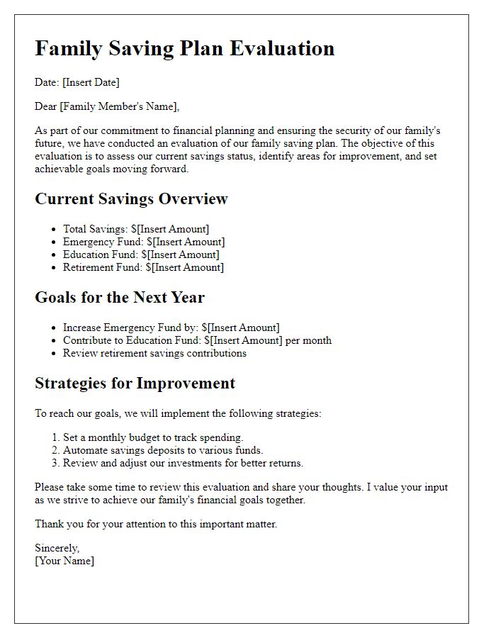 Letter template of family saving plan evaluation