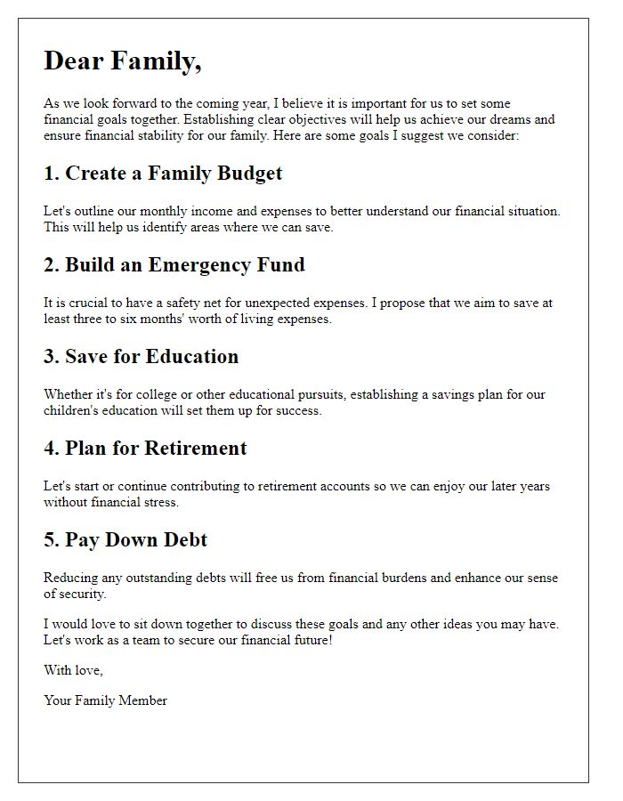 Letter template of financial goal setting for families