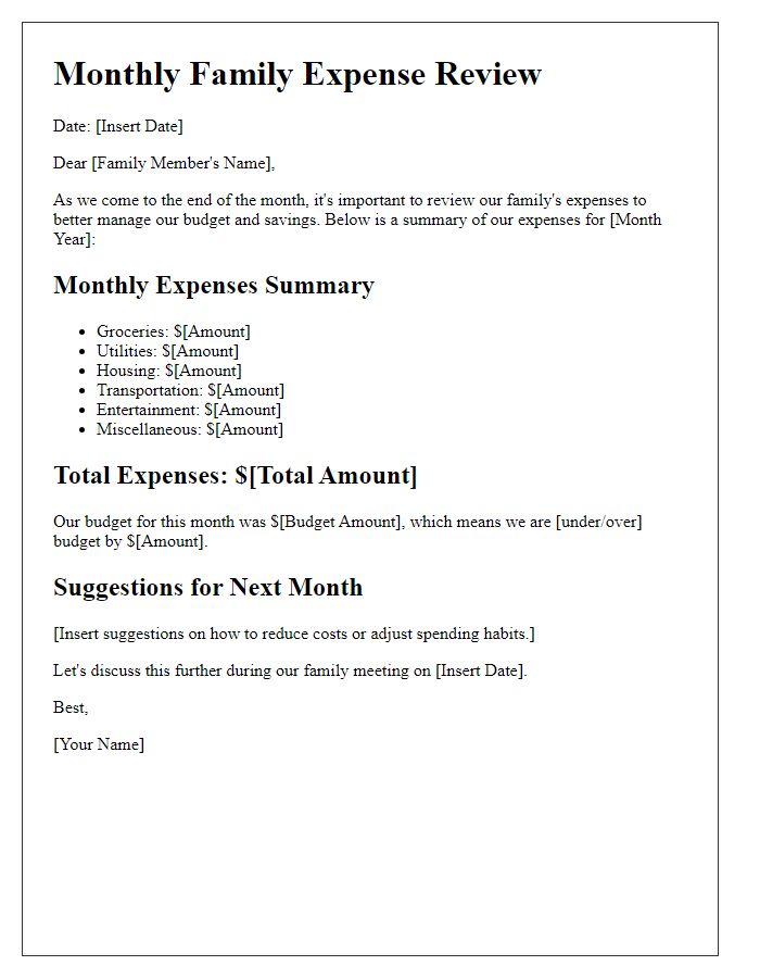 Letter template of monthly family expense review