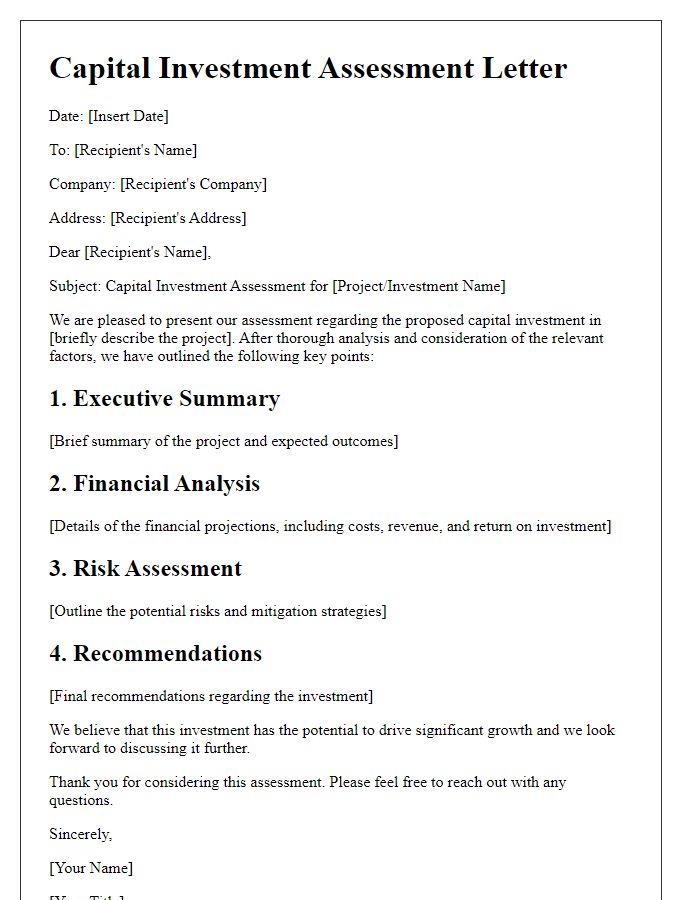 Letter template of capital investment assessment