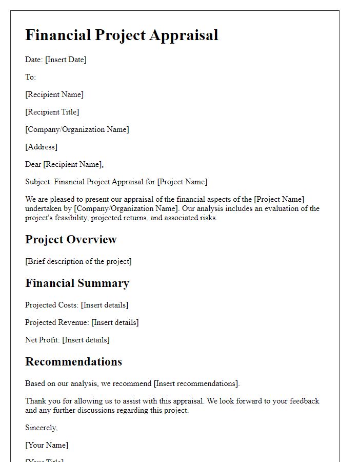 Letter template of financial project appraisal