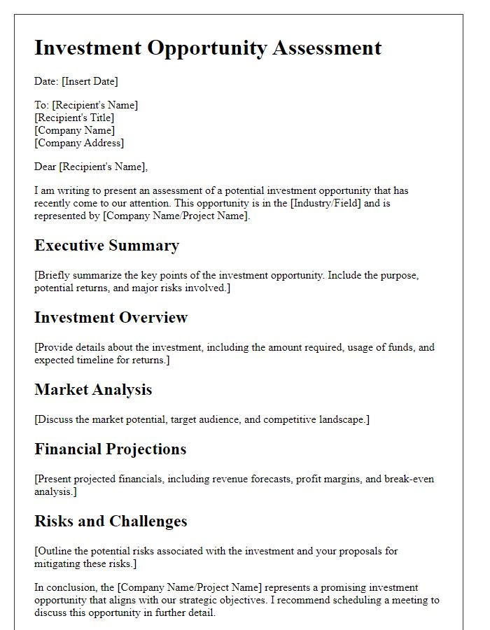 Letter template of investment opportunity assessment