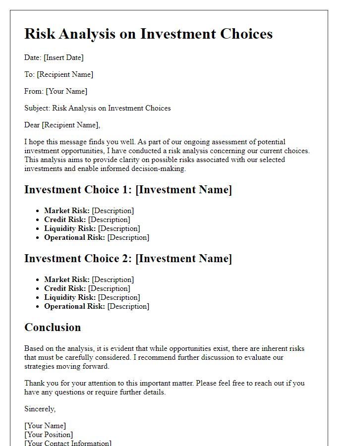 Letter template of risk analysis on investment choices